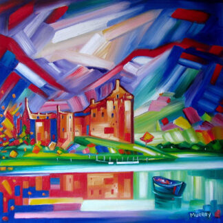 A vibrant and colorful oil painting of a castle with dynamic sky and a solitary boat on water, signed by Murray. By Raymond Murray